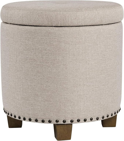 HomePop 18.5" Round Storage Ottoman with Nailheads - Light Brown Fabric