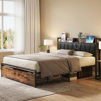 LIKIMIO Full Size Bed Frame with 2 Drawers and Charging Station | Platform Bed with Upholstered Storage Headboard, No Box Spring Needed, Easy Assembly, Sturdy, Industrial Brown and Black