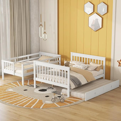MERITLINE Twin Over Full Bunk Bed with Trundle, Storage Staircase,Solid Wood Bunk Bed with Stairs Box and Guardrail, No Spring Box Needed (White &Trundle,Twin Over Full)