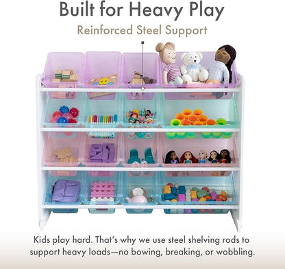 Humble Crew Toy Storage Organizer with 16 Removable Storage Bins for Kids Playroom, 4-Tier Toddler Toy Organization and Storage, White/Purple/Pink/Blue