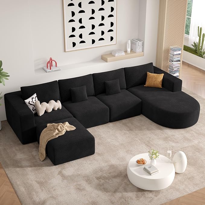 134" Boneless Couches for Living Room,Large U-Shaped Modular Sectional Sofa with Convertible Ottoman,Modern Cozy Cloud Couch in a Box,Sponge Compression Deep Seat Sofas with Chaise,Black,1pcs