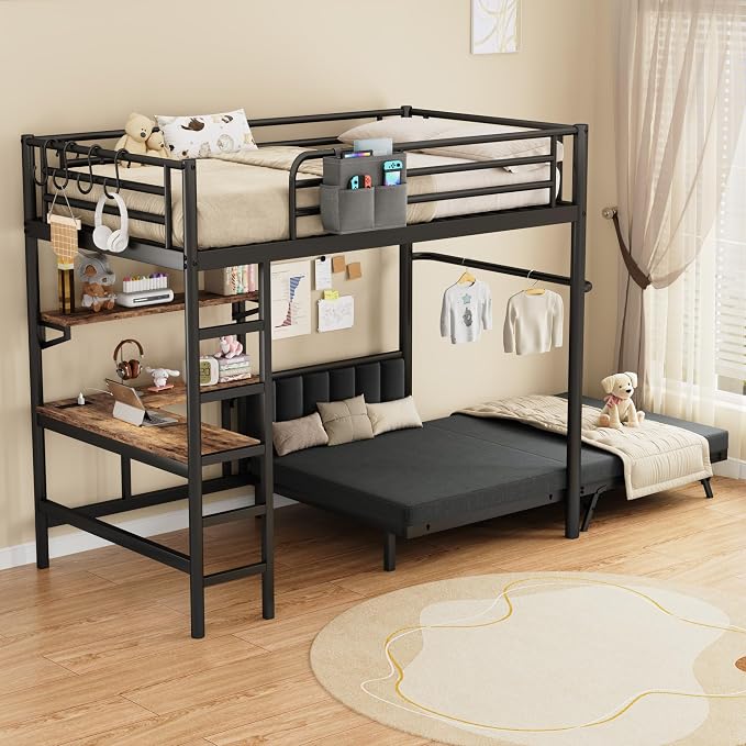 Jocoevol Twin Loft Bed with Mattress, Dual-Access Bed, Pull-Out Folding Bed & L-Shaped Desk, Heavy Duty Metal Bunk Bed Frame with Safety Guardrails, Charging Station & Adjustable Shelves (Dark Black)