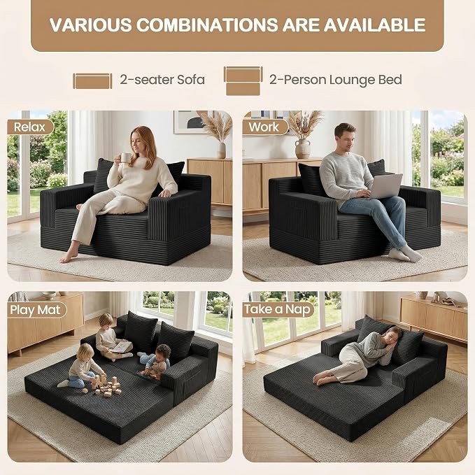 Boneless Loveseat Small Couch Bed, Futon Sleeper Sofa Bed,Convertible Pull Out Couch with 2 Pillows,Corduroy Folding Floor Couch for Living Room,No Assembly Required,Black