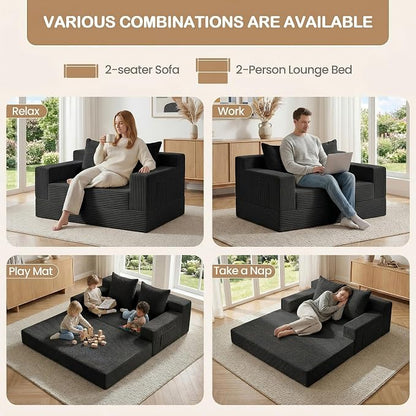 Boneless Loveseat Small Couch Bed, Futon Sleeper Sofa Bed,Convertible Pull Out Couch with 2 Pillows,Corduroy Folding Floor Couch for Living Room,No Assembly Required,Black