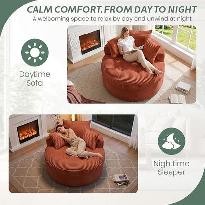 Oversized Round Chaise Lounge Chair, Deep Seat Cloud Boneless Floor Sofa Couch, Upholstered Corduroy Sleeper with 3 Pillows & Optional Ottoman, No Assembly Modern Lazy Floor Lounger for Living Room