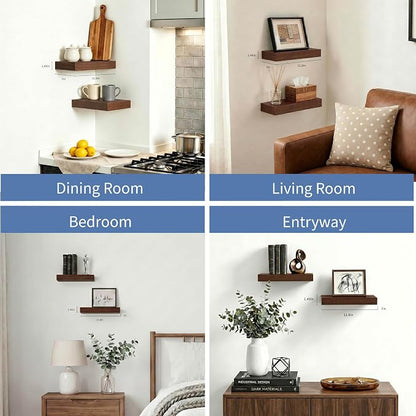 Floating Shelves for Wall, Bathroom Shelves Over Toilet, Wall Shelves & Book Shelf, Hanging Shelf, Modern Wooden Wall-Mounted Small Floating Shelves, 12x7x1.5 in (Walnut-Like, Set of 2)
