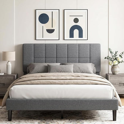 Marsail Queen Upholstered Bed Frame, Solid Wood Adjustable Headboard, 12 Support Legs Hold Up to 1300 Lbs, Sturdy & Durable, Fits 6"-12" Mattresses, Ideal Height, Easy Assembly, Dark Gray