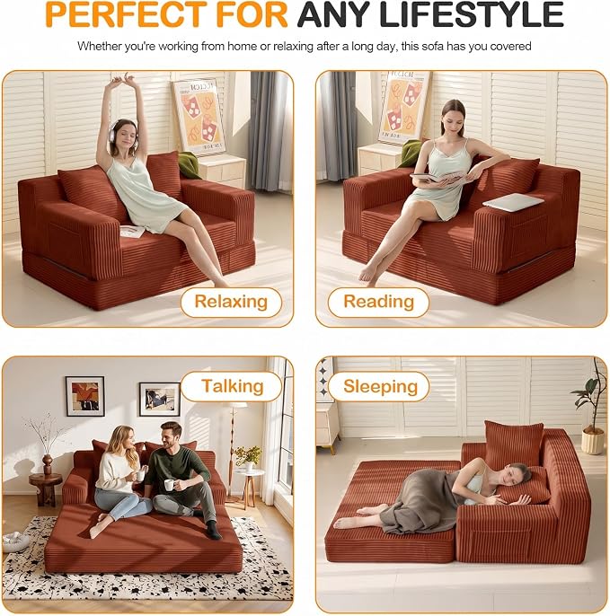 Erament Convertible Sofa Bed, Loveseat Folding Floor Futon Sleeper Sofa Couch Bed- Boneless Foldable Couch, Corduroy Pull Out Sofa Bed with 2 Pillows for Living Room & Bedroom
