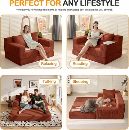 Erament Convertible Sofa Bed, Loveseat Folding Floor Futon Sleeper Sofa Couch Bed- Boneless Foldable Couch, Corduroy Pull Out Sofa Bed with 2 Pillows for Living Room & Bedroom