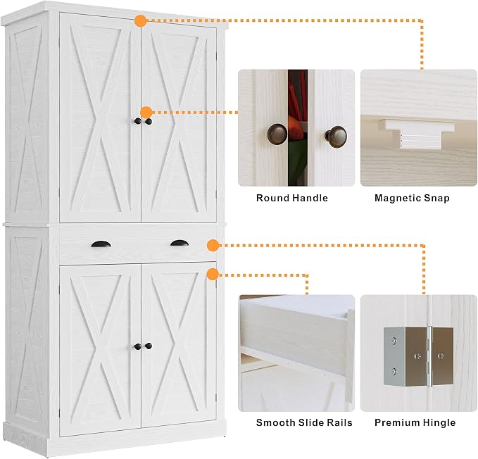 IRONCK Kitchen Pantry Storage Cabinet 72.6" H x 24" W, with Barn Doors, Drawer, 4 Adjustable Shelves, Freestanding Cupboard, Laundry, White