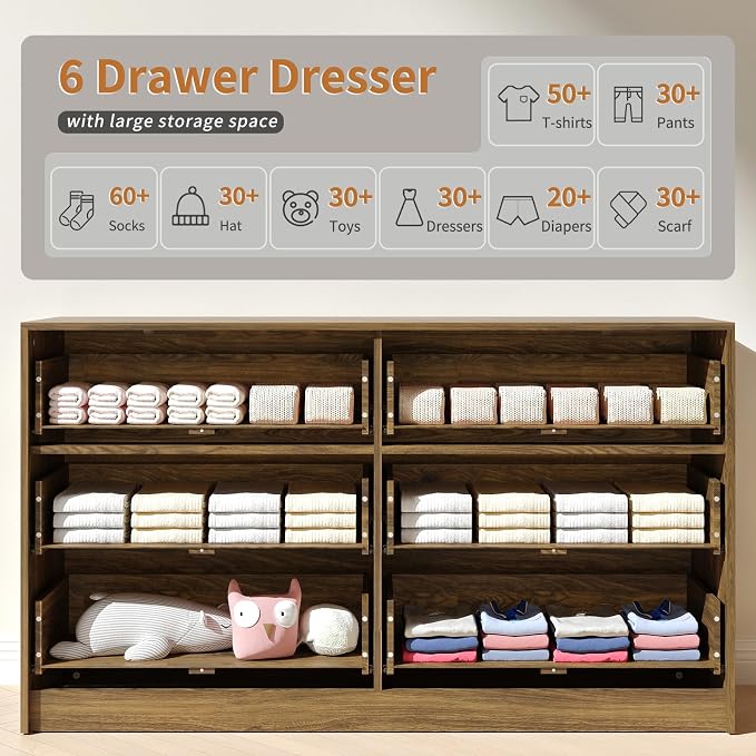 6 Drawer Dresser & Nightstand Set 3-Piece, 55” Wide Bedroom Set Night Stand Set of 2 with Metal Handle, Fluted Modern Wood Chest of Drawers Storage Dressers Set for Bedroom, Walnut