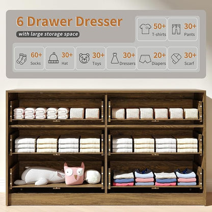 6 Drawer Dresser & Nightstand Set 3-Piece, 55” Wide Bedroom Set Night Stand Set of 2 with Metal Handle, Fluted Modern Wood Chest of Drawers Storage Dressers Set for Bedroom, Walnut