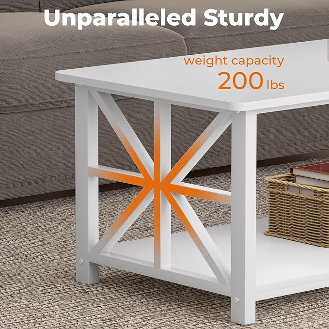 GreenForest Coffee Table for Living Room with Round Corners | Modern Style Center Table with Storage Shelf,39 Inch X-Frame Sofa Table,Space Saving,Easy Assembly,Full Wh