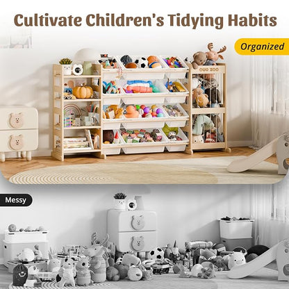 Large Kids Toy Storage Organizer - Toy Organizers and Storage with Stuffed Animal Storage, Solid Wood Toy Storage Shelf with 12 Plastic Bins, 4-Tier Bookshelf for Kids Room, Playroom, Bedroom, 59 inch
