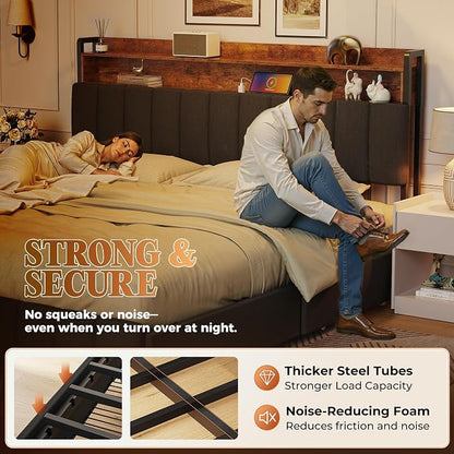PRAISUN Bed Frame King Size with Upholstered Headboard & Charging Station, King Bed Frame with 4 Storage Drawers, 2-Tier Open Shelves, No Box Spring Needed, Slient Foam Strip, Easy Assembly, Black