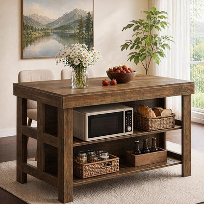 Tribesigns 55.1-Inch Kitchen Island with Seating and Storage, 3-Tier Large Farmhouse Island Table with Large Countertop and Leg Room for Kitchen Dining Room (deep Brown)