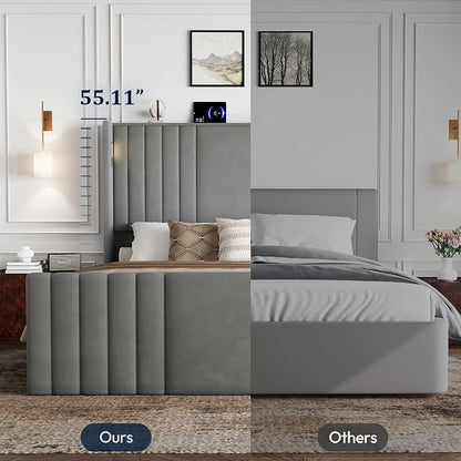 Queen Bed Frame with 55.1" Tall Headboard, Velvet Upholstered Platform Bed with Channel Tufted Wingback, 2 Reading Lights/Storage Shelf/Charging Station/Easy Assembly/Noise-Free, Grey