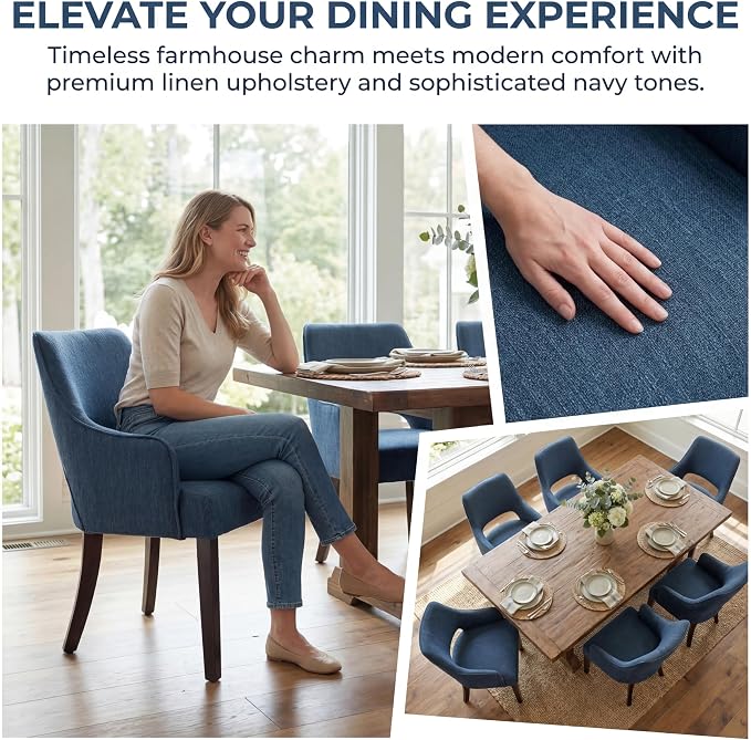Linen Upholstered Dining Chairs Set of 6 with Arms | Blue linen fabric, breathable upholstery, curved backrest, cushioned seat, solid wood legs, farmhouse style for dining room