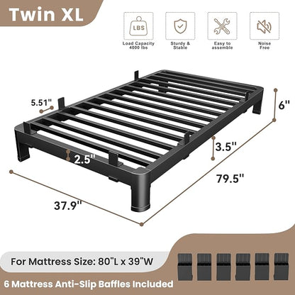 MAF 6 Inch Twin XL Metal Platform Bed Frame with Anti-Collision Round Legs, Black 3500 Lbs Heavy Duty Bed Frame Steel Slats Support, No Box Spring Needed, Easy Assembly