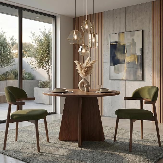 MOJAY Dining Chairs Set of 2 Walnut, Linen Green with Curved Armrests