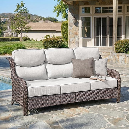 Belord Luxury 6" Thick Cushioned PE Wicker 3-Seater Outdoor Couch, All-Weather Comfortable Modern Patio Sofa, High Back Deep Seat Woven Outdoor Furniture for Porch Balcony, Lawn, Deck - BrownBeige