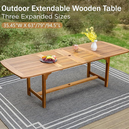 PHI VILLA Teak Outdoor Table, Expandable Wood Table w/Umbrella Hole | Large rectangle acacia wood table for 6-8. Perfect for patio, deck, porch, backyard