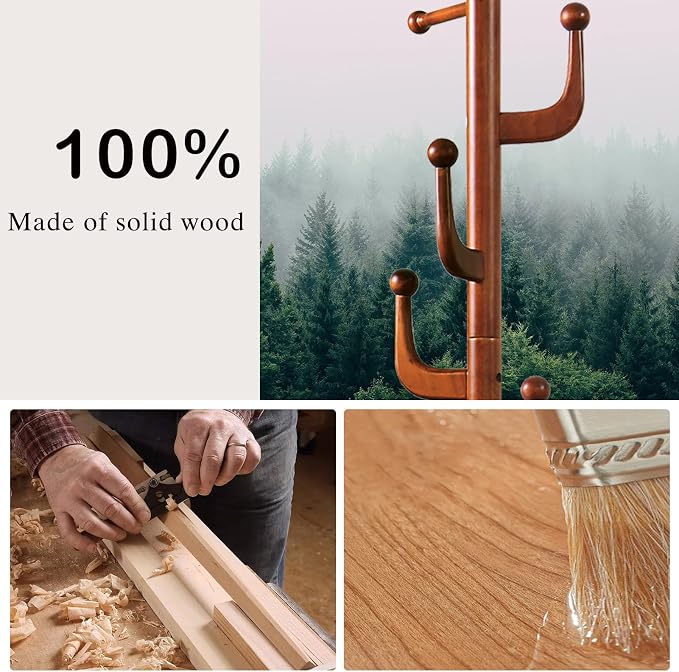 Wooden Coat Rack Freestanding, Hall Tree Hanger With Resin Hooks, Adjustable Heavy Duty Coat Rack for Hanging Clothes Bags Hats in Living Room Bedroom (coat rack, Cactus Hook)