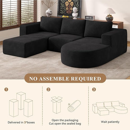 Boneless Couches for Living Room with Chaise,104" Modular Sectional Sofa with Convertible Ottoman,Cozy Cloud Couch with U-Shaped,Sponge Compression Sofas in a Box,No Assembly Required(Black) 1pcs