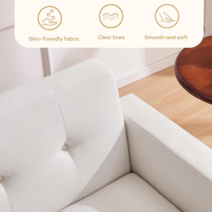 HUIMO Sofa Couch, Mid Century Modern Sofa with Solid Wood Frame, Button Tufted Couch for Bedroom, Living Room, Office, Apartment (White, 60 inch)