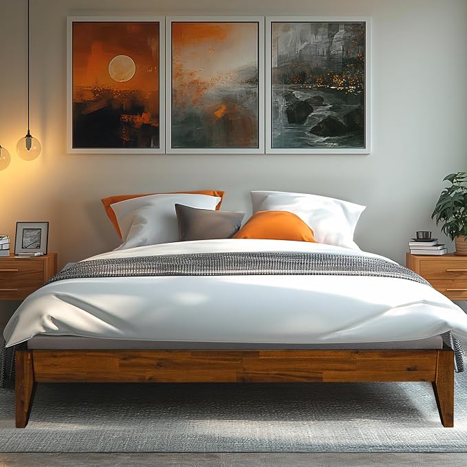 Acacia Mervyn Sturdy King Size Bed Frame Solid Wood Platform Bed, King Bed Frame 800 lbs Capacity, Mid Century Signature Wood Bed Compatible with All Mattresses, Non-Slip and Noise-Free, Caramel