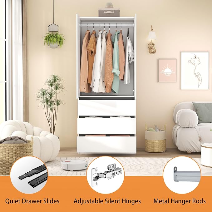 Armoire Wardrobe Closet with Drawers：75" Large White Wardrobe Closet Cabinet with 4 Doors for Hanging Clothes, Modern Wooden Bedroom Armoires with 6 Drawers and Storage (B+B, 63")