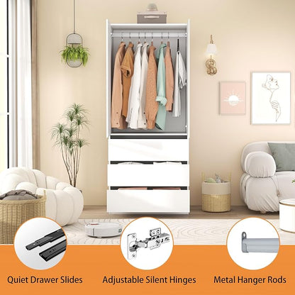 Armoire Wardrobe Closet with Drawers：75" Large White Wardrobe Closet Cabinet with 6 Doors for Hanging Clothes, Modern Wooden Bedroom Armoires with 9 Drawers and Storage (B+B+B, 94.5")