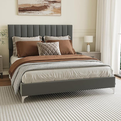 IDEALHOUSE Queen Size Bed Frame with Adjustable Headboard, Velvet Upholstered Platform Queen Bed Frame with Strong Wooden Slats, Non-Slip and Noise-Free, No Box Spring Needed, Easy Assembly, Grey