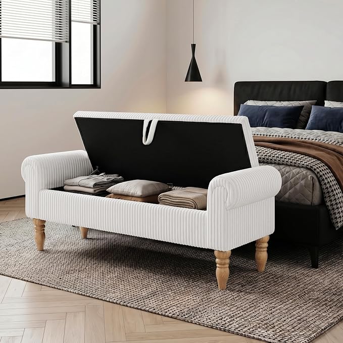 Storage Bench for Bedroom, 60" End of Bed Bench Premium Linen Upholstered Storage Ottoman, Entryway, Closet, White