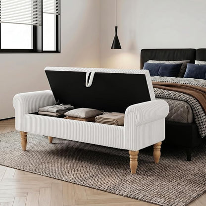 Storage Bench for Bedroom, 60" End of Bed Bench Premium Linen Upholstered Storage Ottoman, Entryway, Closet, White