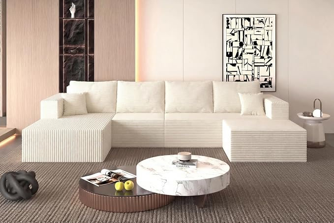 138" Modern Modular Sectional Sofa, U-Shaped Cloud Couch, Soft Corduroy Boneless Couch with 3060 High Rebound Memory Foam, Sectional Couches for Living Room-Beige(Left Facing Chaise)