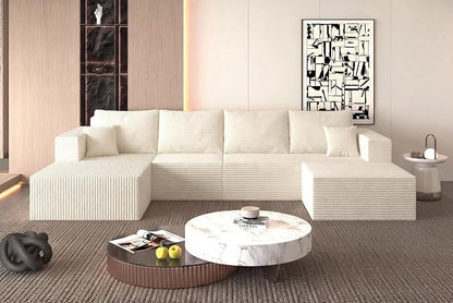 138" Modern Modular Sectional Sofa, U-Shaped Cloud Couch, Soft Corduroy Boneless Couch with 3060 High Rebound Memory Foam, Sectional Couches for Living Room-Beige(Left Facing Chaise)