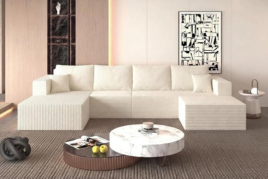138" Modern Modular Sectional Sofa, U-Shaped Cloud Couch, Soft Corduroy Boneless Couch with 3060 High Rebound Memory Foam, Sectional Couches for Living Room-Beige(Left Facing Chaise)