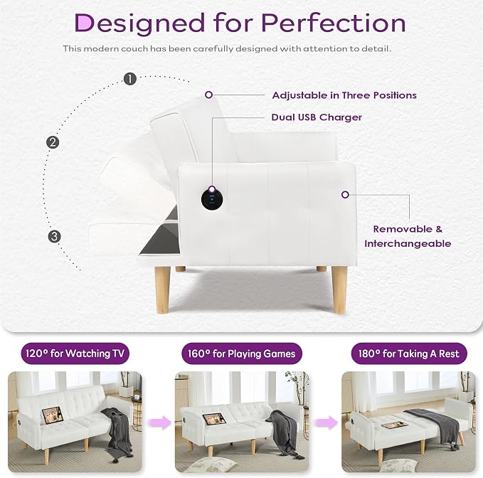 TYBOATLE Modern White Faux Leather Upholstered Convertible USB Folding Futon Sofa Bed, 65" Couch, Love Seats Furniture for Small Space Configuration, Apartment, Dorm, Living Room, Office