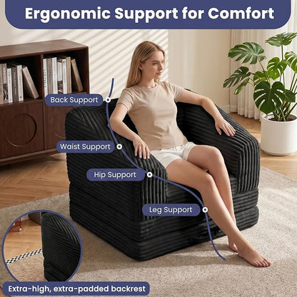 JUIKURY Convertible Sofa Bed, 3-in-1 Foldable Loveseat Couch with Armrest, Corduroy Floor Sofa & Sleeper Bed, No Assembly High-Density Foam Futon Mattress for Living Room, Small Apartment, Dorm