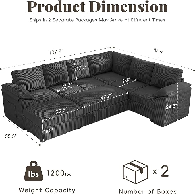 108 Inch Sectional Sleeper Sofa Bed with Pull Out Couch, U Shaped 7 Seat Cloud Modular Sectional Sofa with Storage, Corduroy Sectional Couches for Living Room, Removable Sofa Cover, Dark Grey