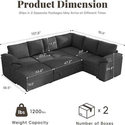 108 Inch Sectional Sleeper Sofa Bed with Pull Out Couch, U Shaped 7 Seat Cloud Modular Sectional Sofa with Storage, Corduroy Sectional Couches for Living Room, Removable Sofa Cover, Dark Grey