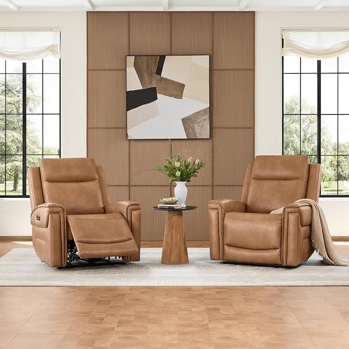 Watson & Whitely Super Zero Gravity Power Recliner Chairs with Power Headrest, Leather Recliner with USB/Type-C Ports for Adults, Electric Reclining Sofa Chair for Living Room, Bedroom, Cognac Brown