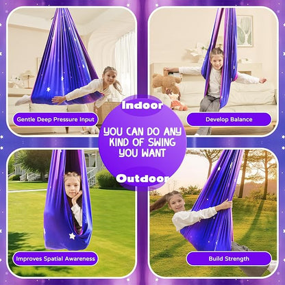 Sensory Swing for Kids Indoor & Outdoor Double Layer Therapy Cuddle Hammock Chair with 360 Swivel Hanger Kit Adjustable Swing for Child and Adult with Aspergers Autism ADHD (Galaxy Purple)