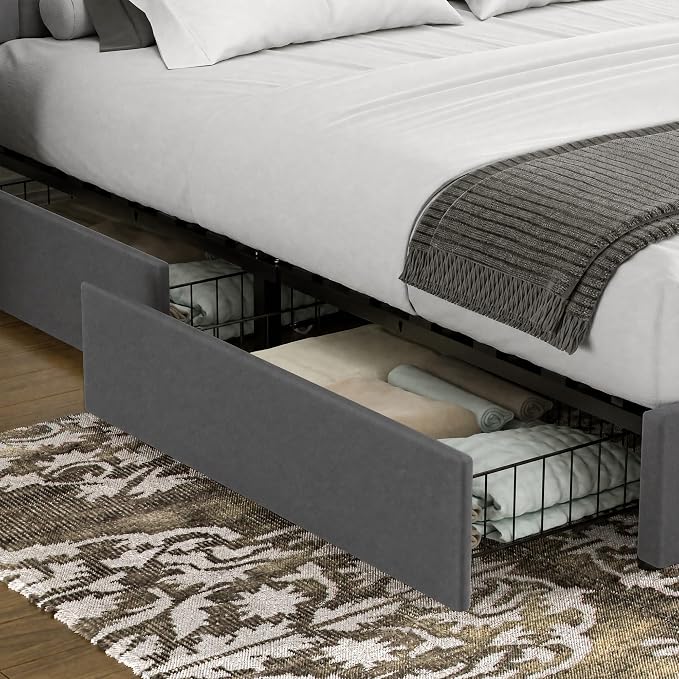 VECELO Full Size Upholstered Bed Frame with 4 Drawers and Headboard, Velvet Platform Storage Bedframe, Wooden Slats Support, No Box Spring Needed,Dark Grey