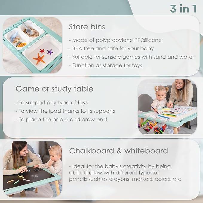Sensory Table for Toddlers Wooden Montessori Adjustable Activity Table | Toddlers sensory table · adjustable height · 3 bins · Montessori play · activity table · 3 storage bags