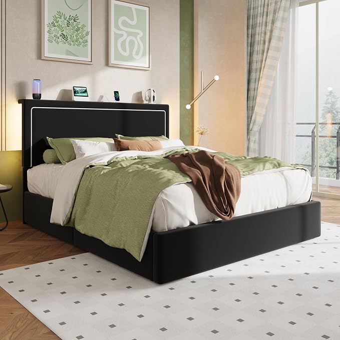 Allewie Full Size Lift Up Storage Bed Frame with Charging Station & LED Lights, Adjustable Velvet Upholstered Storage Headboard, Type-C & USB Ports, Hydraulic Support, No Box Spring Needed, Black