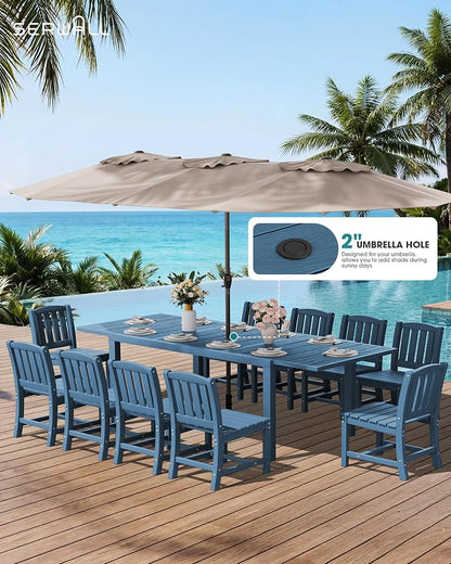 SERWALL Outdoor Patio Dining Set for 6, Blue | 60" - 83" Expandable Outdoor Dining Table and 6 HDPE Chairs, All Weather Material Outdoor Furniture Set Backyard, Garden
