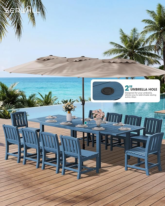 SERWALL Outdoor Expandable Dining Table 60" - 83", Blue | Patio Dining Table for 4-8 People, All Weather HDPE and Aluminum Outdoor Furniture