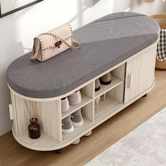 ONBRILL 43" Shoe Bench with Storage, Fluted Shoe Storage Bench with Cushion, Sliding Door and Adjustable Shelf, for Entryway, Hallway, Living Room, Natural White